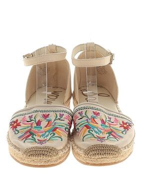 Sam Edelman Beige Embroidered Espadrille Flats with Multicolor Stitching